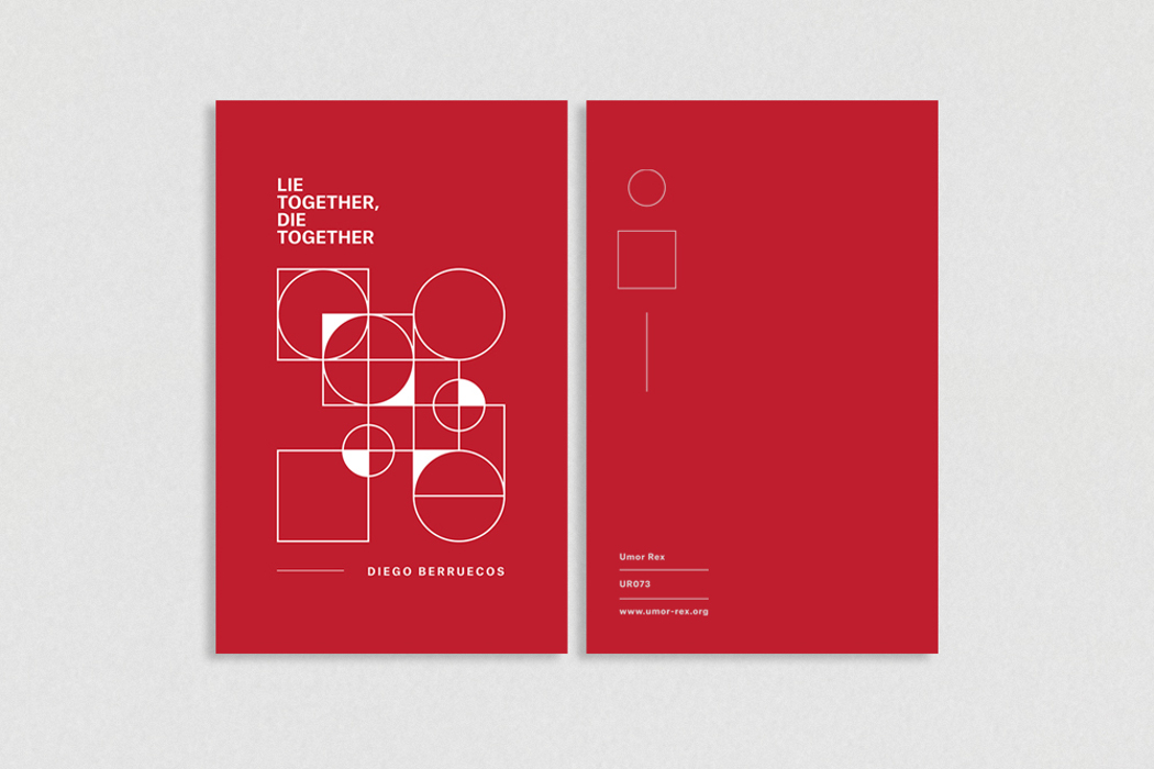 Diego Berruecos - Lie Together, Die Together, pamphlet with bright red cover and white diagrammatic outlines of shapes