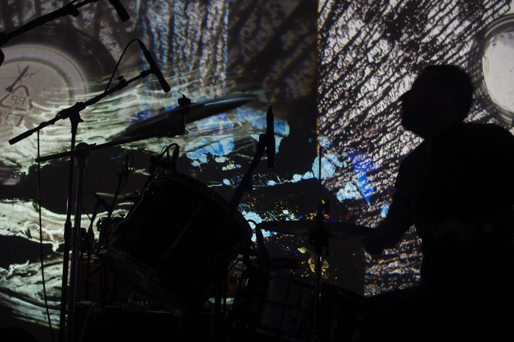 Flatpack 2016, Mothwasp performing live, drummer with projected visuals