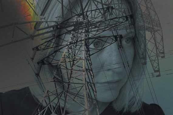 Emily Hall - Folie a Deux, headshot of the composer overlaid with an electricity pylon