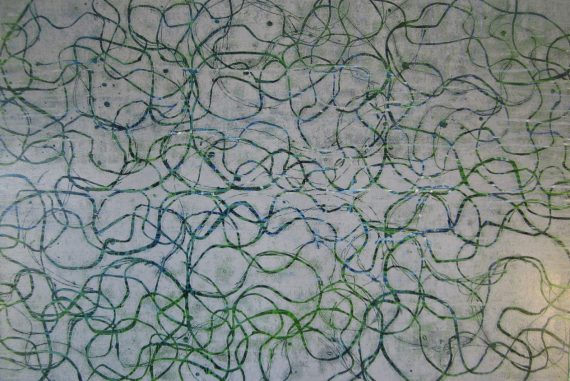 Bryn Harrison - Receiving the Approaching Memory, intricate all-over pattern of dark squiggles on a pale blue background