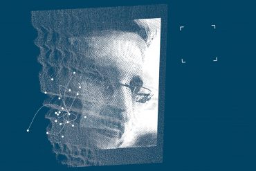 Matthew Collings - A Requiem For Edward Snowden, Snowden's face overlaid with white patterns on a blue background