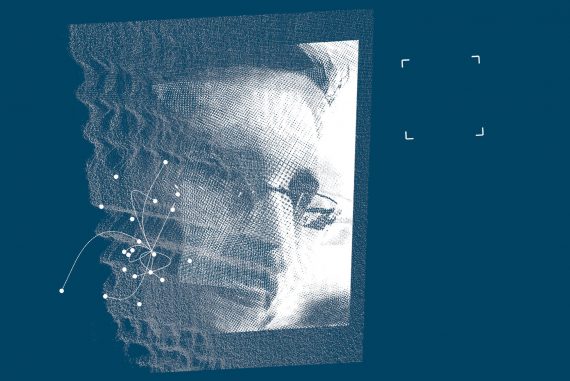 Matthew Collings - A Requiem For Edward Snowden, Snowden's face overlaid with white patterns on a blue background