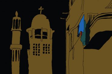 Tiny Portraits - Streets, illustration of Cairo street scene against black background, church spire and mosque minaret