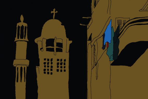 Tiny Portraits - Streets, illustration of Cairo street scene against black background, church spire and mosque minaret