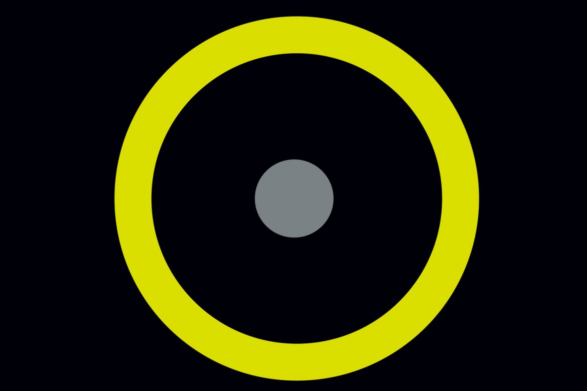 organ, reframed - grey dot surrounded by a yellow ring on a black background