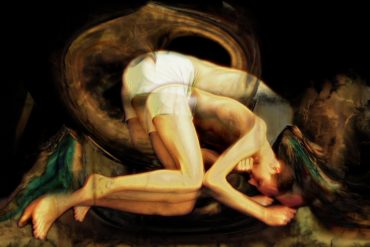 Freida Abtan - the hands of the dancer, video still of a crouched dancer, manipulated and distorted, against a black background