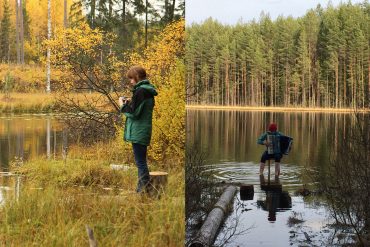 Dawn Scarfe + Tuulikki Bartosik, photo of Scarfe recording by a river next to one of Bartosik playing accordion on the edge of a lake