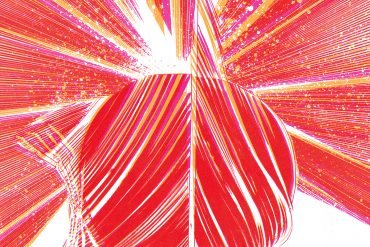 Okkyung Lee and Christian Marclay - Amalgam, bright red shattering design on white background