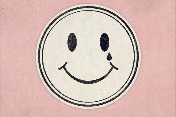 Dag Rosenqvist + Matthew Collings - Hello Darkness, acid smiley face design shedding a tear, on a pink background