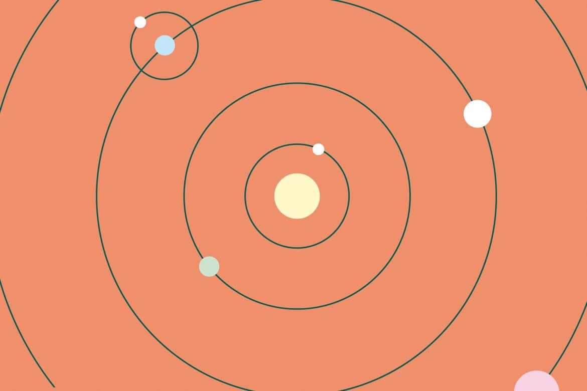 Machinefabriek - Astroneer, concentric rings depicting the orbital patterns of a star system against a tomato background