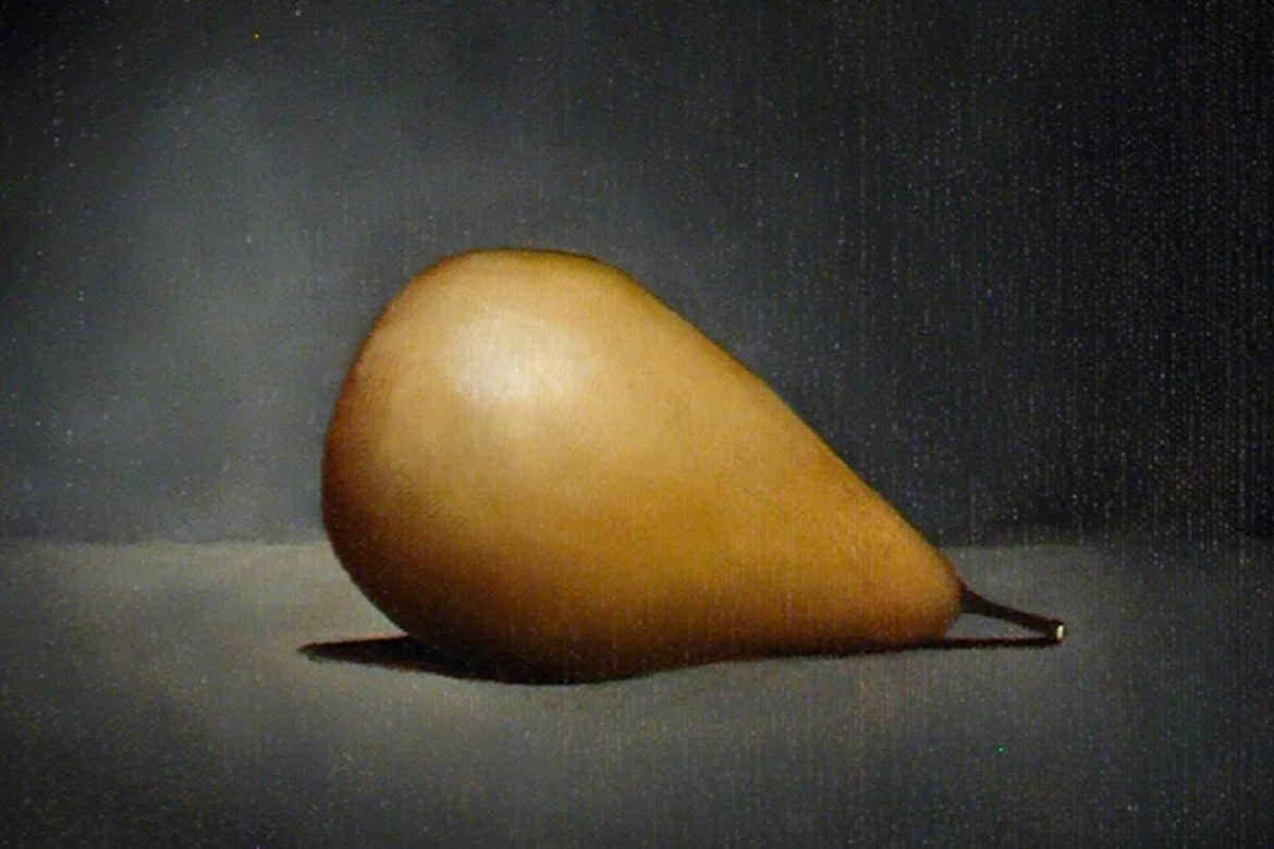 Linda Catlin Smith - Drifter, painting of a shiny yellow pear against a black background
