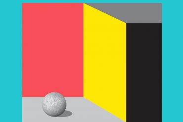 Koen Holtcamp - Voice Model, simple 3D model of red, yellow, and black walls, with an uncanny detailed concrete sphere on the floor