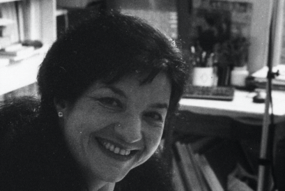 Pascale Criton - Infra, black and white image of the composer smiling in her studio