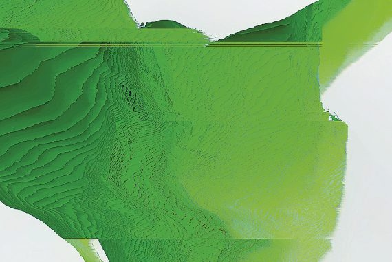 Shuttle358 - Field, distorted computer-generated topographical model in bright green.