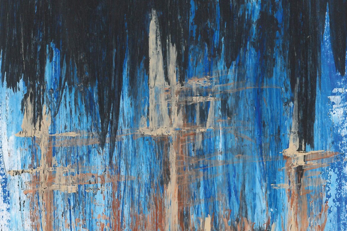 Chaines - The King, abstract painting that resembles jagged blue mountains with three brown towers.