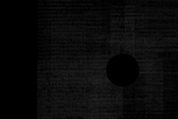 Thembi Soddell - Love Songs, very faint grey text on a black background, circular black hole in the middle.