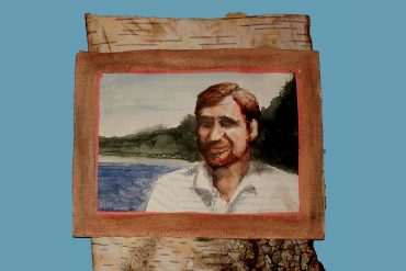 Jason Lescallet - The Pilgrim, painting of the artist's father standing on a shore, blue background.